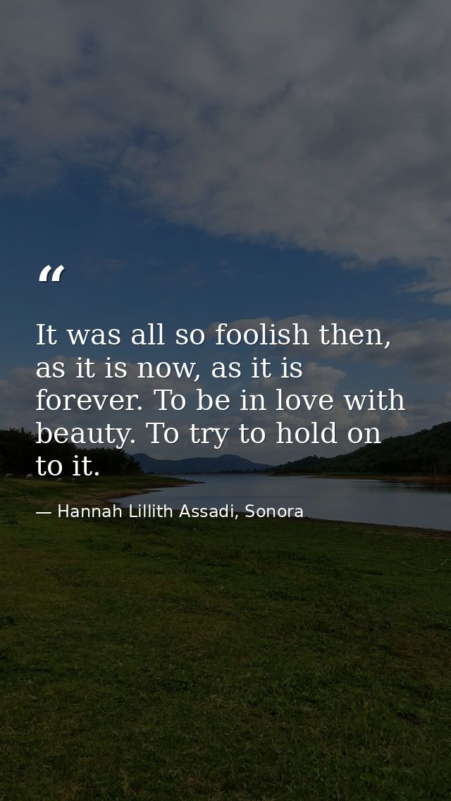 It was all so foolish then, as it is now, as it is forever. To be in love with beauty. To try to hold on to it. — Hannah Lillith Assadi, Sonora