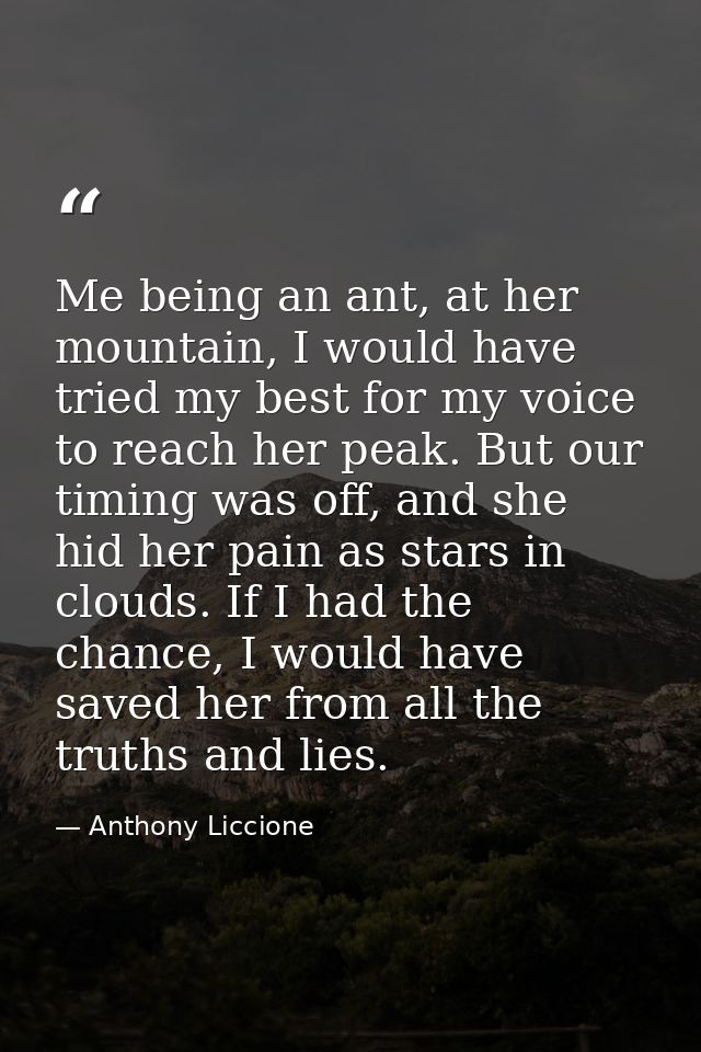 Me being an ant, at her mountain, I would have tried my best for my voice to reach her peak. But our timing was off, and — Anthony Liccione