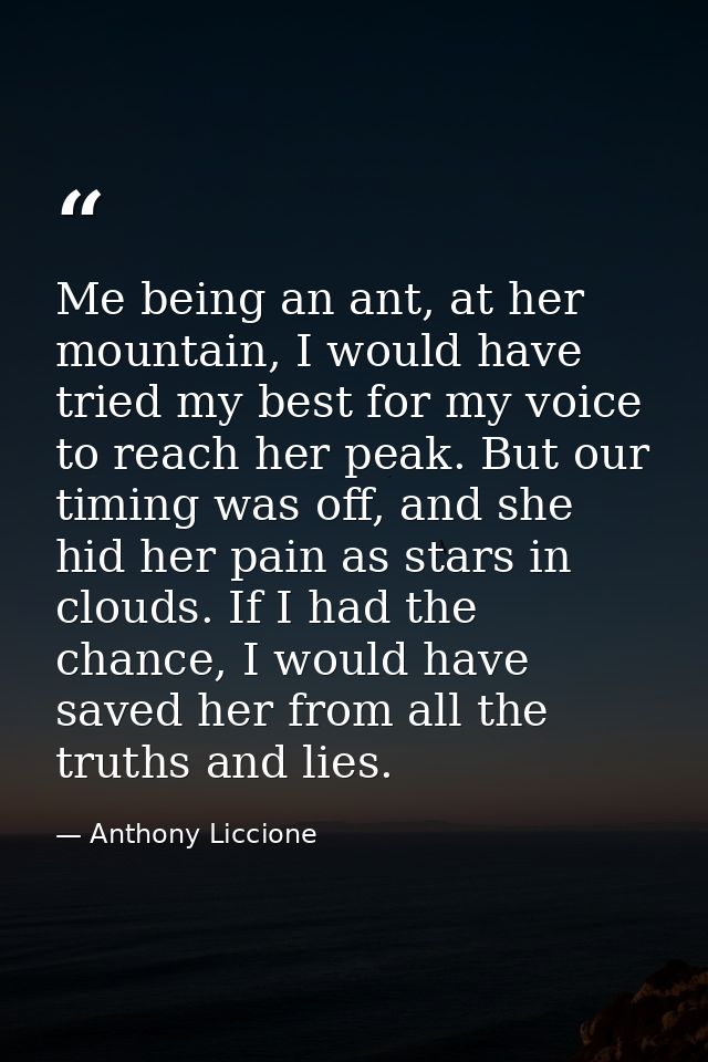 Me being an ant, at her mountain, I would have tried my best for my voice to reach her peak. But our timing was off, and — Anthony Liccione
