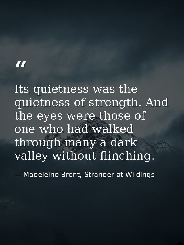 Its quietness was the quietness of strength. And the eyes were those of one who had walked through many a dark valley wi — Madeleine Brent, Stranger at Wildings