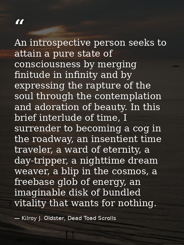 An introspective person seeks to attain a pure state of consciousness by merging finitude in infinity and by expressing  — Kilroy J. Oldster, Dead Toad Scrolls