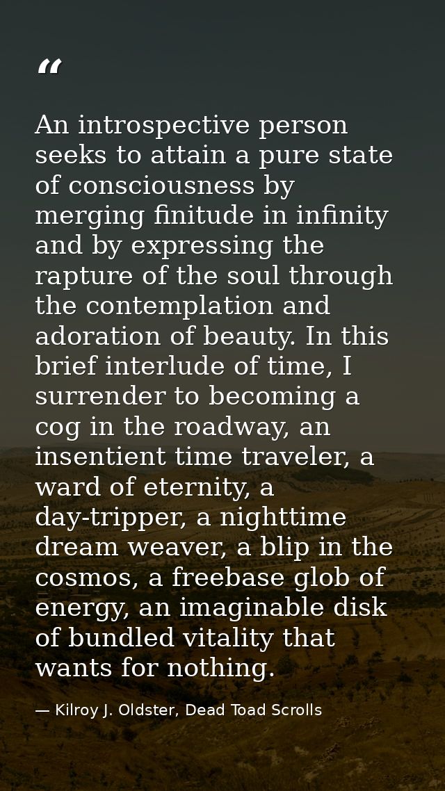 An introspective person seeks to attain a pure state of consciousness by merging finitude in infinity and by expressing  — Kilroy J. Oldster, Dead Toad Scrolls
