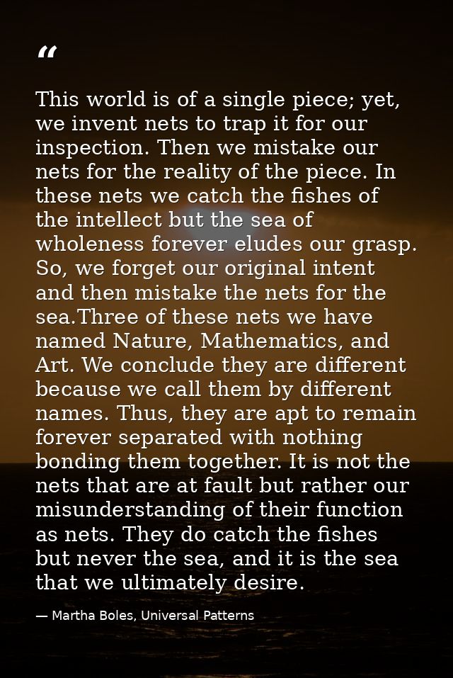 This world is of a single piece; yet, we invent nets to trap it for our inspection. Then we mistake our nets for the rea — Martha Boles, Universal Patterns