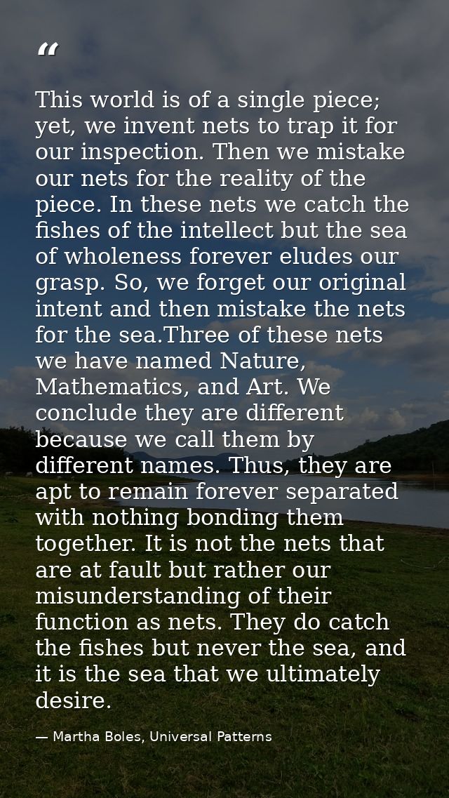 This world is of a single piece; yet, we invent nets to trap it for our inspection. Then we mistake our nets for the rea — Martha Boles, Universal Patterns