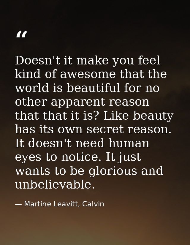 Doesn't it make you feel kind of awesome that the world is beautiful for no other apparent reason that that it is? Like  — Martine Leavitt, Calvin