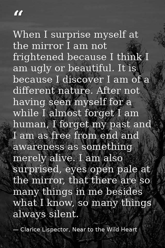When I surprise myself at the mirror I am not frightened because I think I am ugly or beautiful. It is because I discove — Clarice Lispector, Near to the Wild Heart