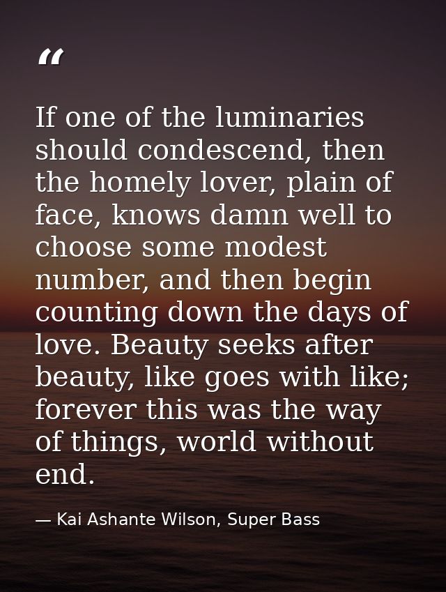 If one of the luminaries should condescend, then the homely lover, plain of face, knows damn well to choose some modest  — Kai Ashante Wilson, Super Bass