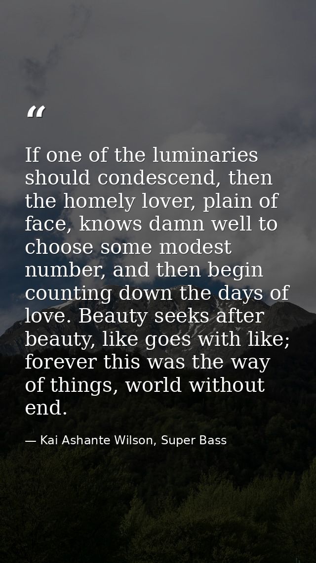 If one of the luminaries should condescend, then the homely lover, plain of face, knows damn well to choose some modest  — Kai Ashante Wilson, Super Bass
