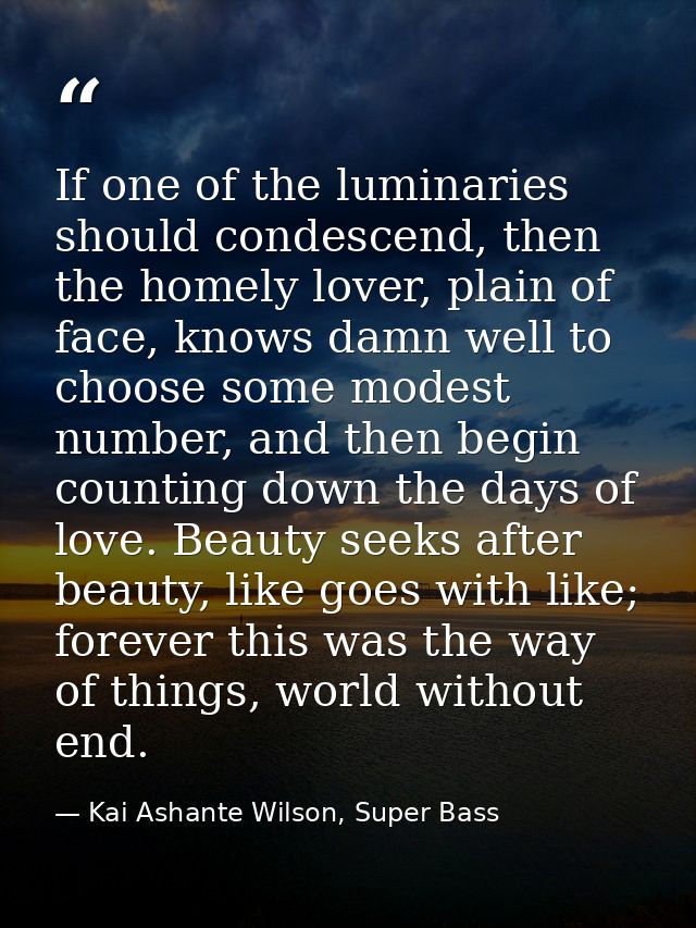 If one of the luminaries should condescend, then the homely lover, plain of face, knows damn well to choose some modest  — Kai Ashante Wilson, Super Bass