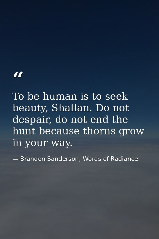 To be human is to seek beauty, Shallan. Do not despair, do not end the hunt because thorns grow in your way. — Brandon Sanderson, Words of Radiance