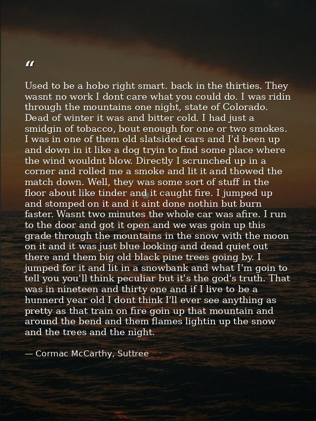 Used to be a hobo right smart. back in the thirties. They wasnt no work I dont care what you could do. I was ridin throu — Cormac McCarthy, Suttree