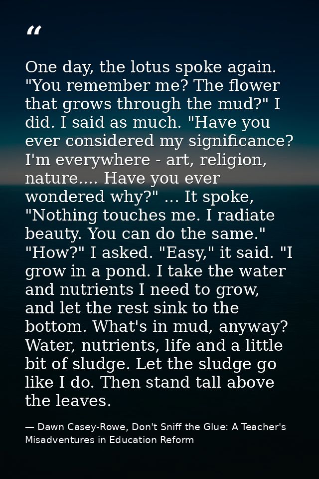 One day, the lotus spoke again. "You remember me? The flower that grows through the mud?" I did. I said as much. "Have y — Dawn Casey-Rowe, Don't Sniff the Glue: A Teacher's Misadventures in Education Reform