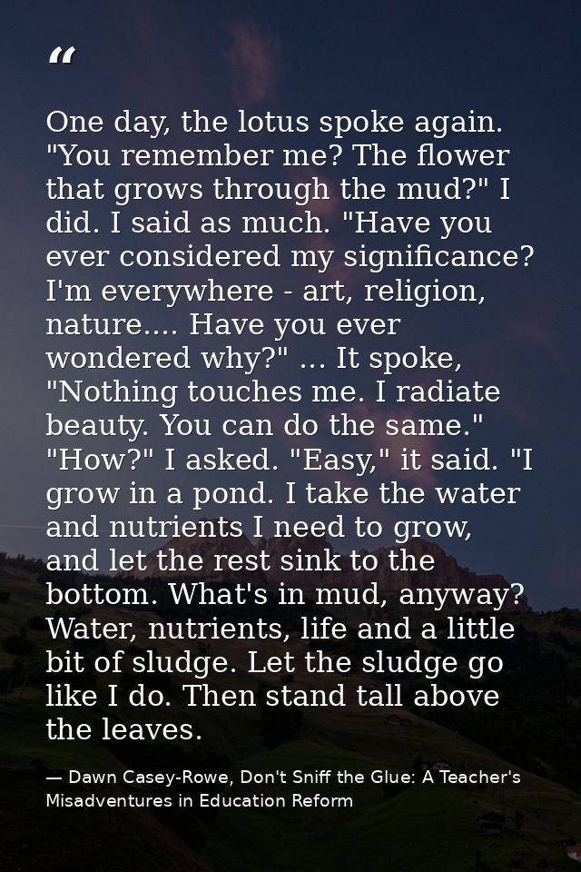 One day, the lotus spoke again. "You remember me? The flower that grows through the mud?" I did. I said as much. "Have y — Dawn Casey-Rowe, Don't Sniff the Glue: A Teacher's Misadventures in Education Reform