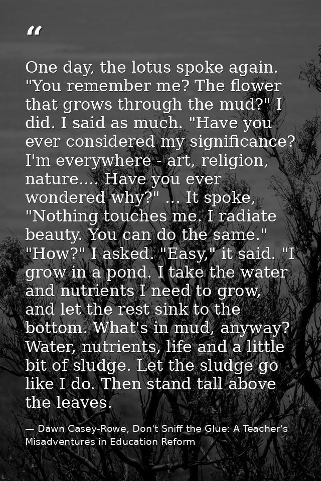 One day, the lotus spoke again. "You remember me? The flower that grows through the mud?" I did. I said as much. "Have y — Dawn Casey-Rowe, Don't Sniff the Glue: A Teacher's Misadventures in Education Reform