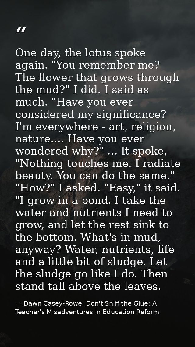 One day, the lotus spoke again. "You remember me? The flower that grows through the mud?" I did. I said as much. "Have y — Dawn Casey-Rowe, Don't Sniff the Glue: A Teacher's Misadventures in Education Reform