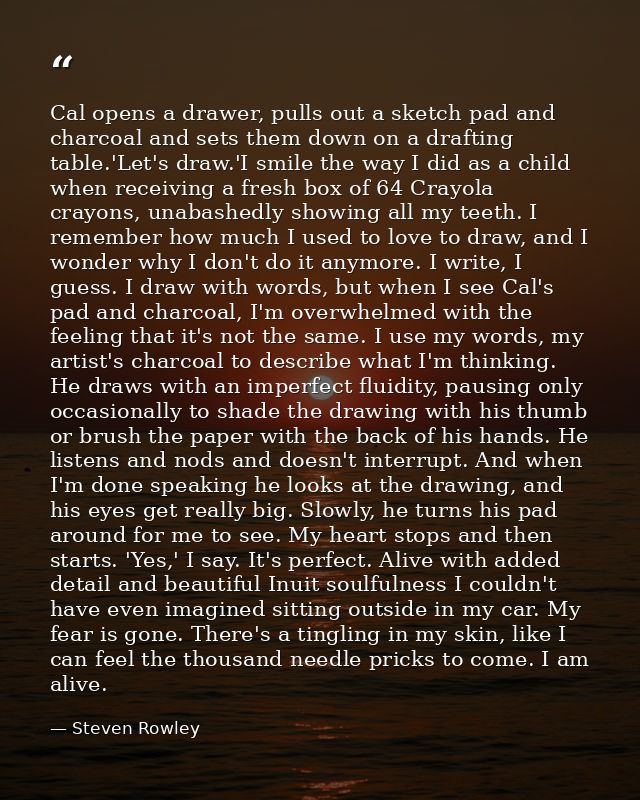Cal opens a drawer, pulls out a sketch pad and charcoal and sets them down on a drafting table.'Let's draw.'I smile the  — Steven Rowley