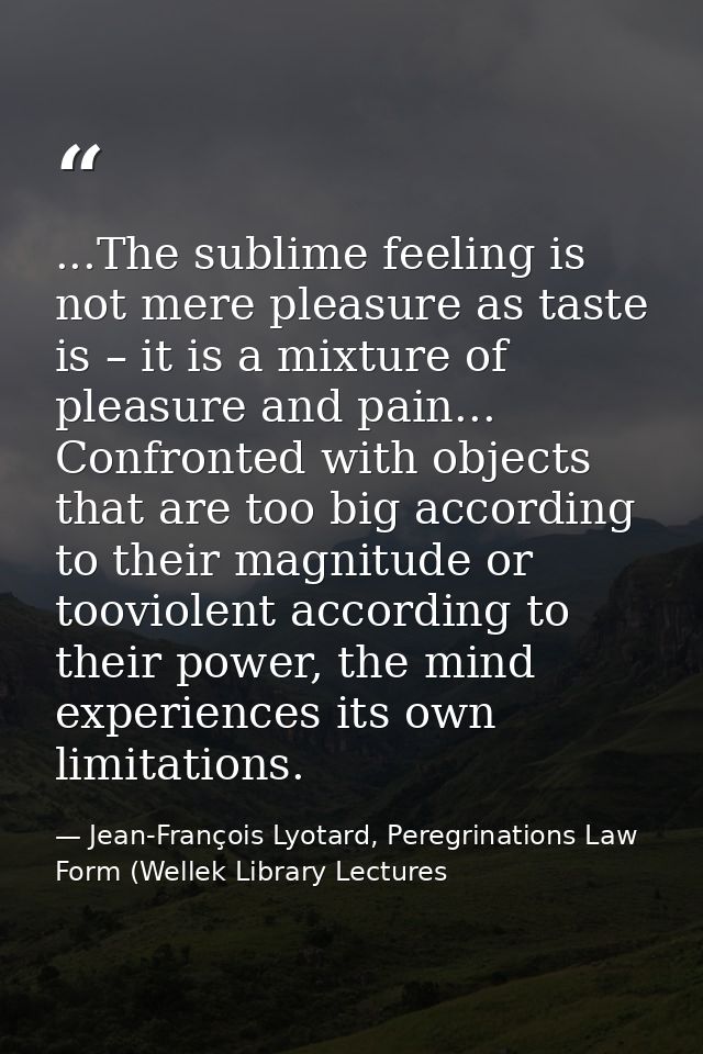 ...The sublime feeling is not mere pleasure as taste is – it is a mixture of pleasure and pain... Confronted with object — Jean-François Lyotard, Peregrinations Law Form (Wellek Library Lectures
