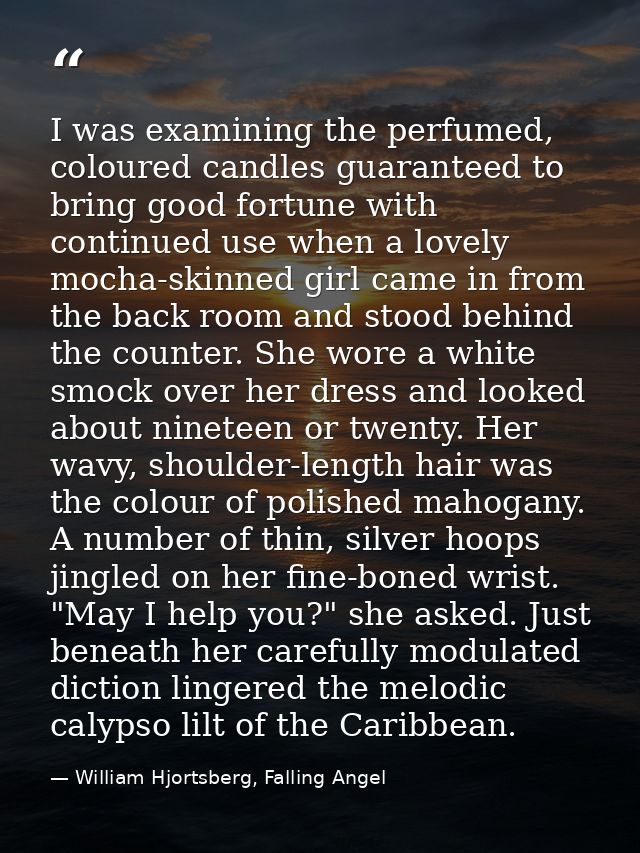 I was examining the perfumed, coloured candles guaranteed to bring good fortune with continued use when a lovely mocha-s — William Hjortsberg, Falling Angel