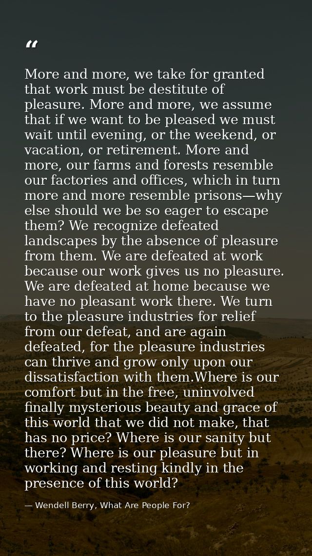 More and more, we take for granted that work must be destitute of pleasure. More and more, we assume that if we want to  — Wendell Berry, What Are People For?