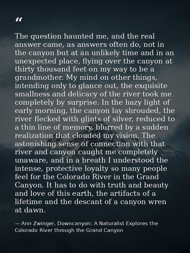 The question haunted me, and the real answer came, as answers often do, not in the canyon but at an unlikely time and in — Ann Zwinger, Downcanyon: A Naturalist Explores the Colorado River through the Grand Canyon