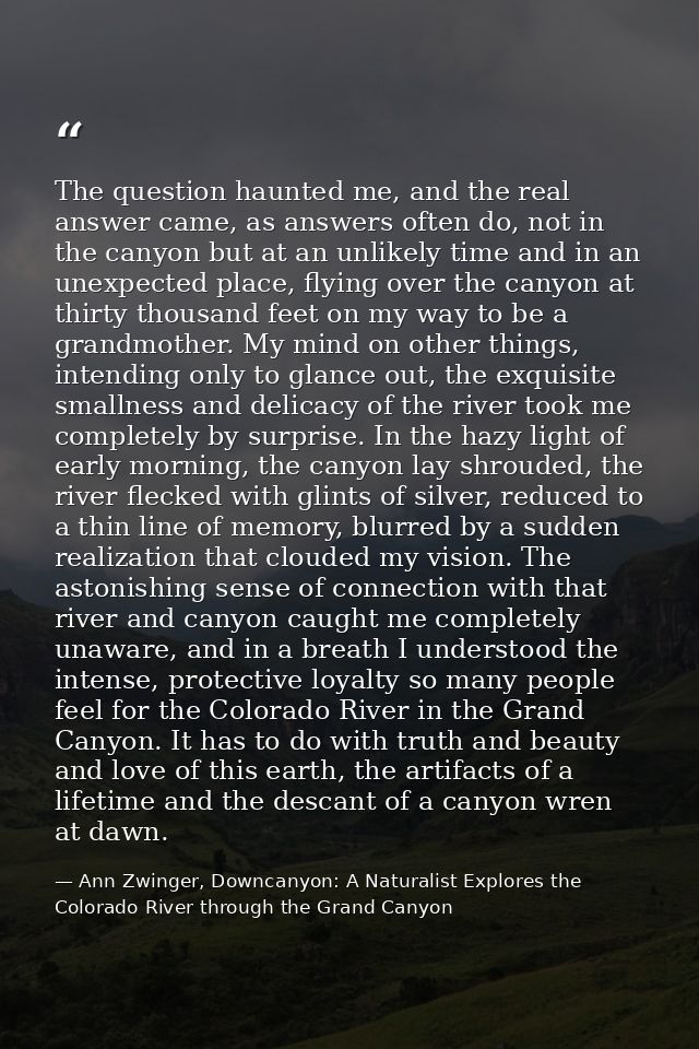 The question haunted me, and the real answer came, as answers often do, not in the canyon but at an unlikely time and in — Ann Zwinger, Downcanyon: A Naturalist Explores the Colorado River through the Grand Canyon