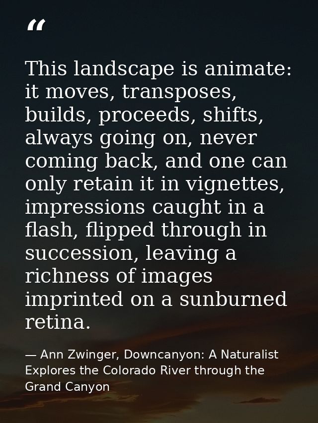 This landscape is animate: it moves, transposes, builds, proceeds, shifts, always going on, never coming back, and one c — Ann Zwinger, Downcanyon: A Naturalist Explores the Colorado River through the Grand Canyon