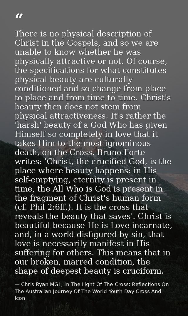 There is no physical description of Christ in the Gospels, and so we are unable to know whether he was physically attrac — Chris Ryan MGL, In The Light Of The Cross: Reflections On The Australian Journey Of The World Youth Day Cross And Icon