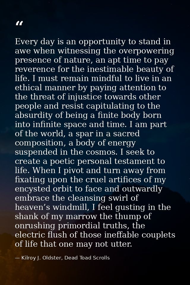Every day is an opportunity to stand in awe when witnessing the overpowering presence of nature, an apt time to pay reve — Kilroy J. Oldster, Dead Toad Scrolls