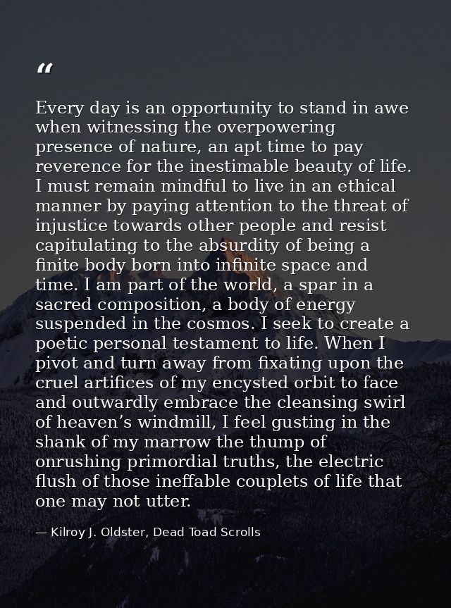 Every day is an opportunity to stand in awe when witnessing the overpowering presence of nature, an apt time to pay reve — Kilroy J. Oldster, Dead Toad Scrolls
