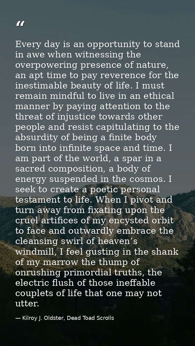 Every day is an opportunity to stand in awe when witnessing the overpowering presence of nature, an apt time to pay reve — Kilroy J. Oldster, Dead Toad Scrolls