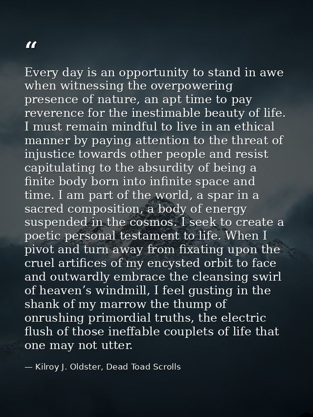 Every day is an opportunity to stand in awe when witnessing the overpowering presence of nature, an apt time to pay reve — Kilroy J. Oldster, Dead Toad Scrolls