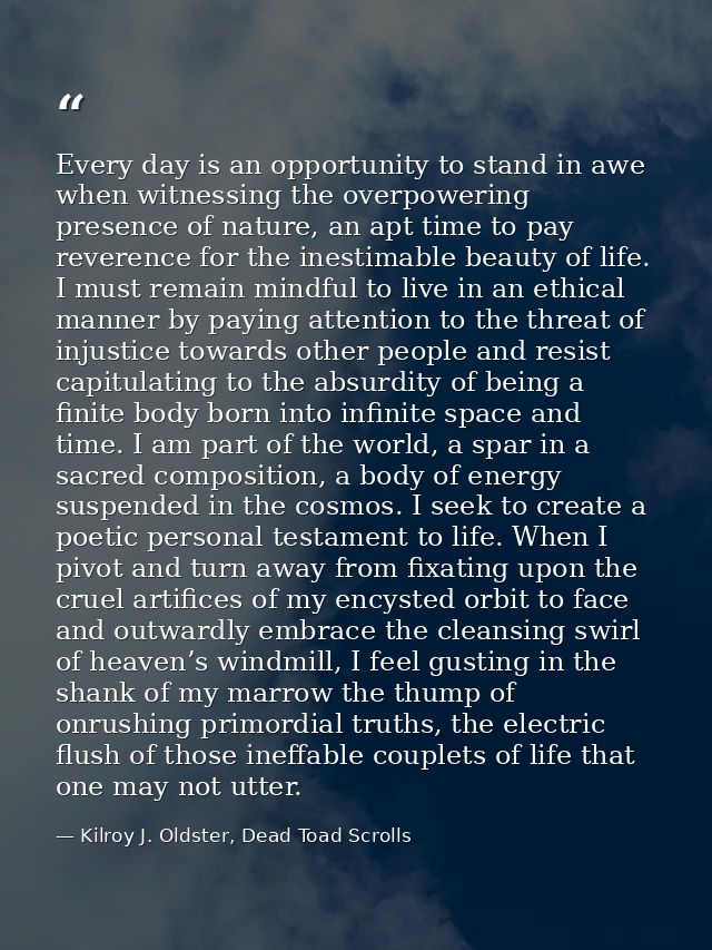Every day is an opportunity to stand in awe when witnessing the overpowering presence of nature, an apt time to pay reve — Kilroy J. Oldster, Dead Toad Scrolls