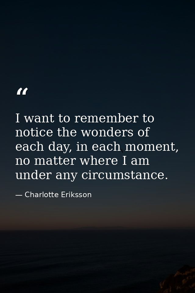 I want to remember to notice the wonders of each day, in each moment, no matter where I am under any circumstance. — Charlotte Eriksson