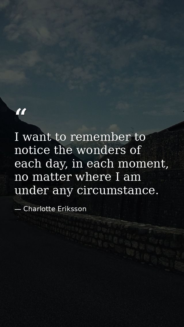 I want to remember to notice the wonders of each day, in each moment, no matter where I am under any circumstance. — Charlotte Eriksson