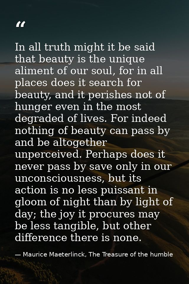 In all truth might it be said that beauty is the unique aliment of our soul, for in all places does it search for beauty — Maurice Maeterlinck, The Treasure of the humble