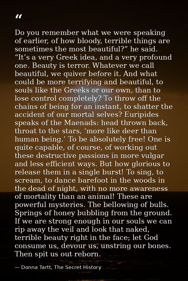 Do you remember what we were speaking of earlier, of how bloody, terrible things are sometimes the most beautiful?” he s — Donna Tartt, The Secret History