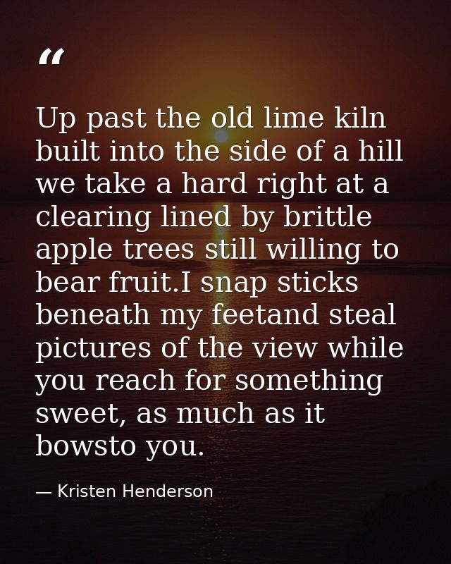 Up past the old lime kiln built into the side of a hill we take a hard right at a clearing lined by brittle apple trees  — Kristen Henderson