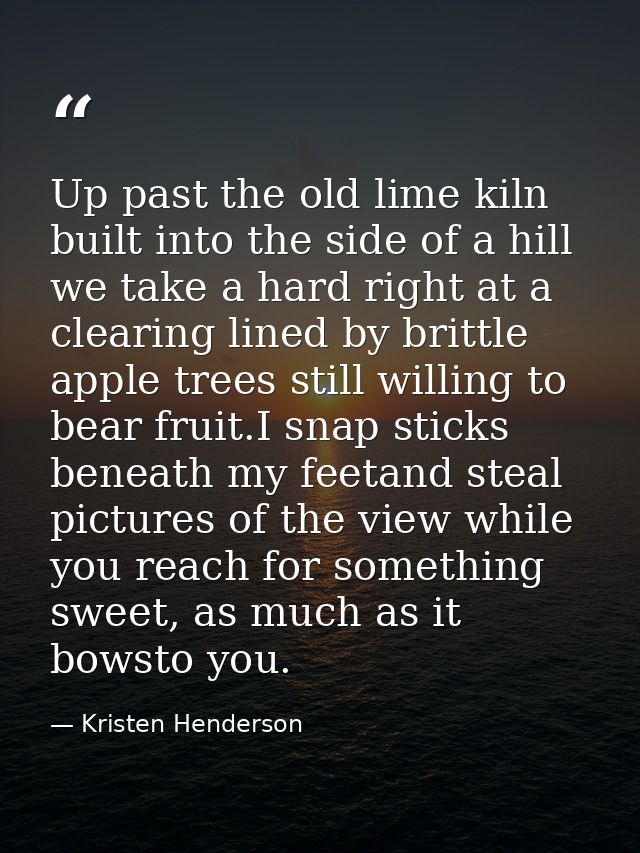 Up past the old lime kiln built into the side of a hill we take a hard right at a clearing lined by brittle apple trees  — Kristen Henderson