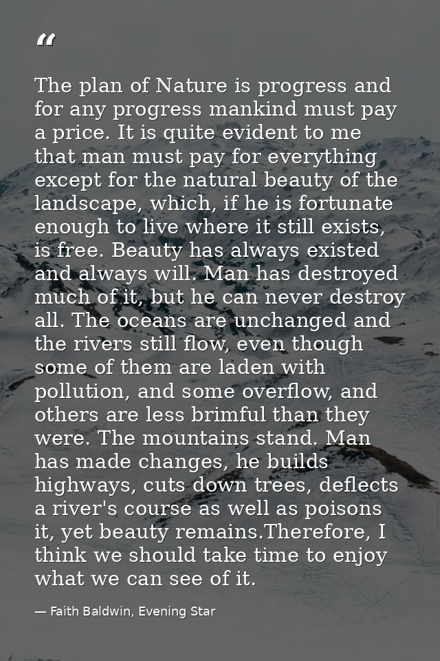 The plan of Nature is progress and for any progress mankind must pay a price. It is quite evident to me that man must pa — Faith Baldwin, Evening Star