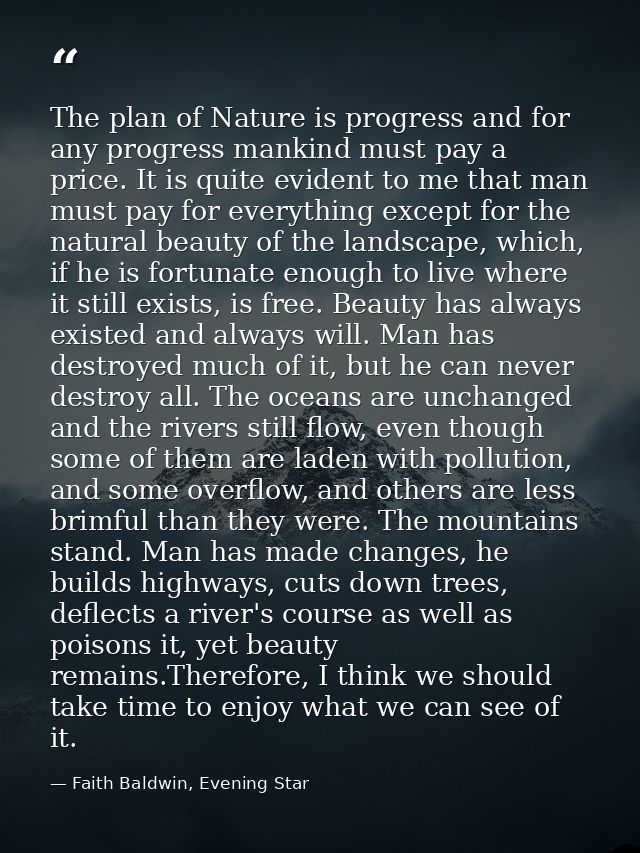 The plan of Nature is progress and for any progress mankind must pay a price. It is quite evident to me that man must pa — Faith Baldwin, Evening Star