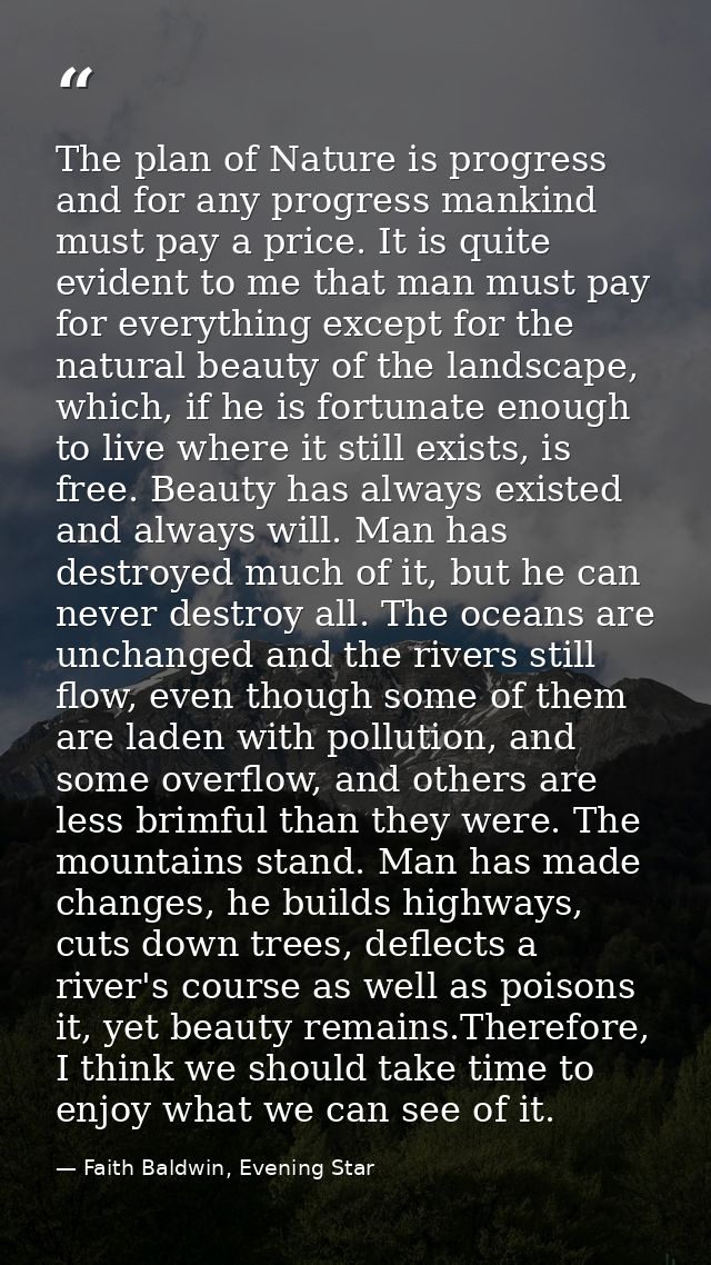 The plan of Nature is progress and for any progress mankind must pay a price. It is quite evident to me that man must pa — Faith Baldwin, Evening Star