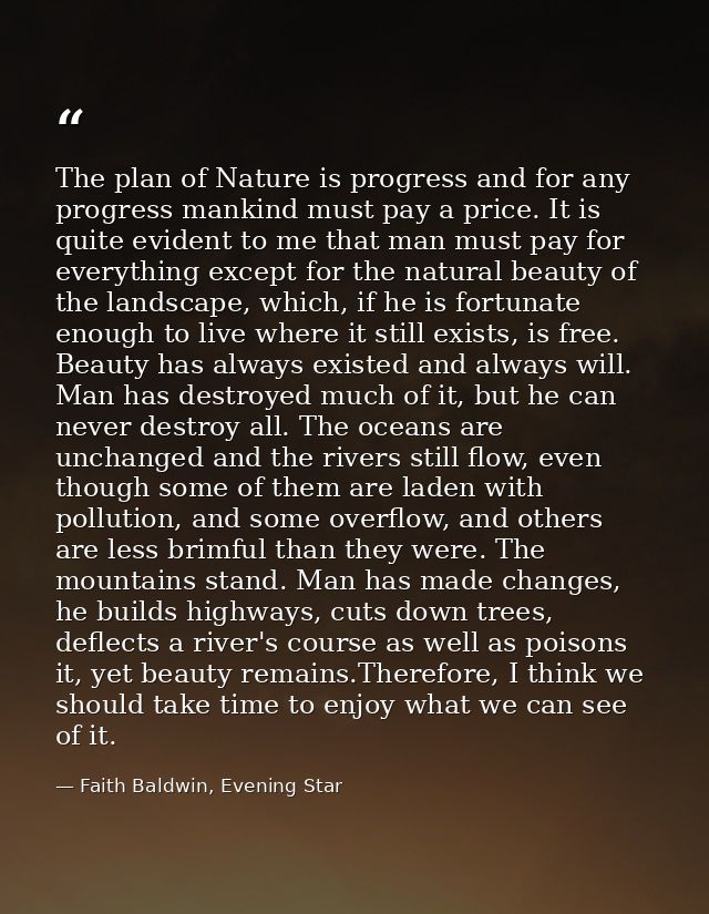 The plan of Nature is progress and for any progress mankind must pay a price. It is quite evident to me that man must pa — Faith Baldwin, Evening Star