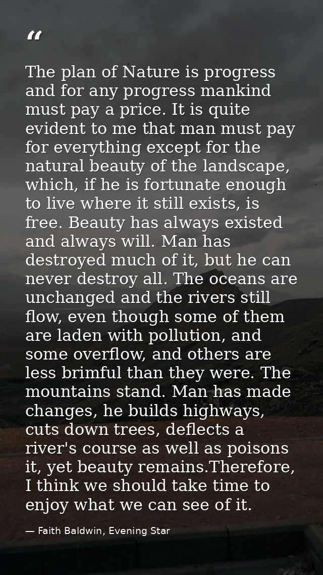 The plan of Nature is progress and for any progress mankind must pay a price. It is quite evident to me that man must pa — Faith Baldwin, Evening Star
