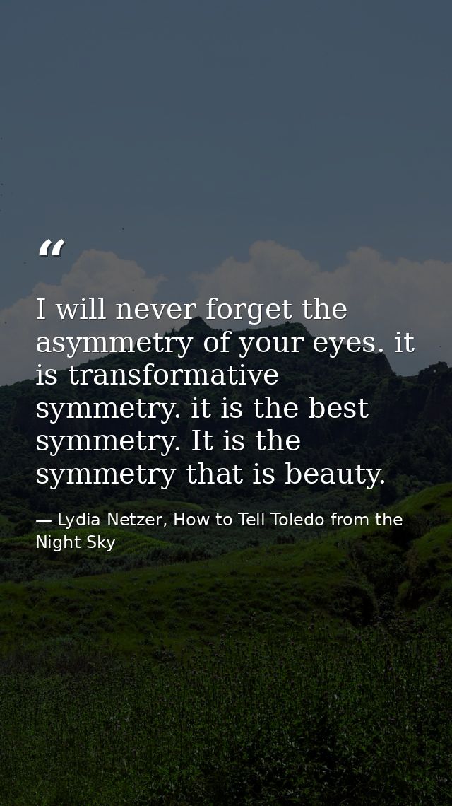 I will never forget the asymmetry of your eyes. it is transformative symmetry. it is the best symmetry. It is the symmet — Lydia Netzer, How to Tell Toledo from the Night Sky