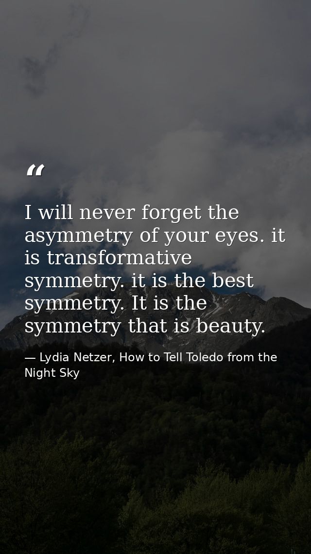 I will never forget the asymmetry of your eyes. it is transformative symmetry. it is the best symmetry. It is the symmet — Lydia Netzer, How to Tell Toledo from the Night Sky