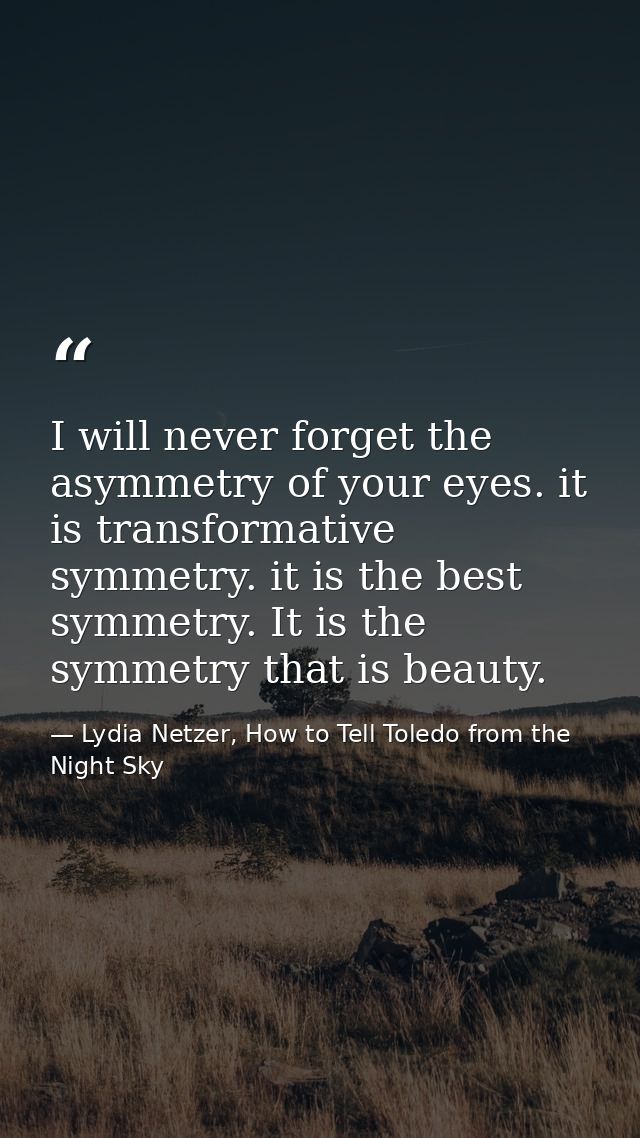 I will never forget the asymmetry of your eyes. it is transformative symmetry. it is the best symmetry. It is the symmet — Lydia Netzer, How to Tell Toledo from the Night Sky