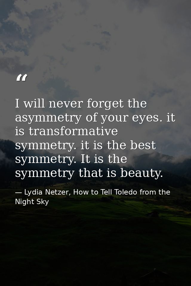 I will never forget the asymmetry of your eyes. it is transformative symmetry. it is the best symmetry. It is the symmet — Lydia Netzer, How to Tell Toledo from the Night Sky
