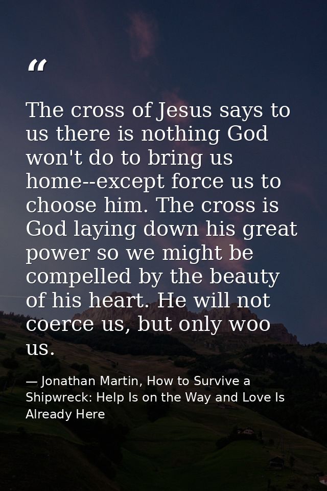The cross of Jesus says to us there is nothing God won't do to bring us home--except force us to choose him. The cross i — Jonathan Martin, How to Survive a Shipwreck: Help Is on the Way and Love Is Already Here