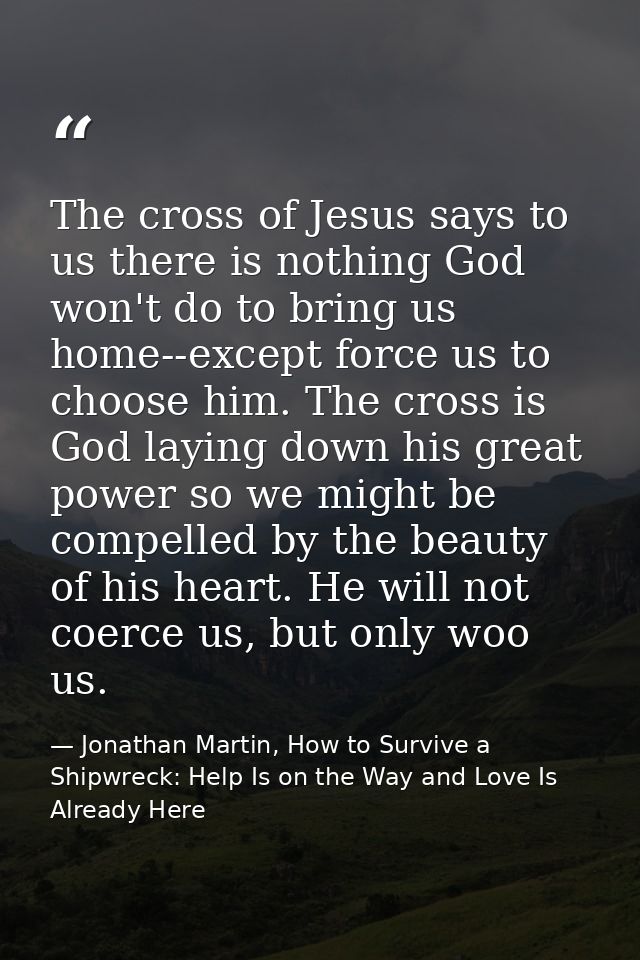 The cross of Jesus says to us there is nothing God won't do to bring us home--except force us to choose him. The cross i — Jonathan Martin, How to Survive a Shipwreck: Help Is on the Way and Love Is Already Here