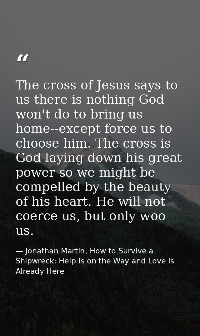 The cross of Jesus says to us there is nothing God won't do to bring us home--except force us to choose him. The cross i — Jonathan Martin, How to Survive a Shipwreck: Help Is on the Way and Love Is Already Here
